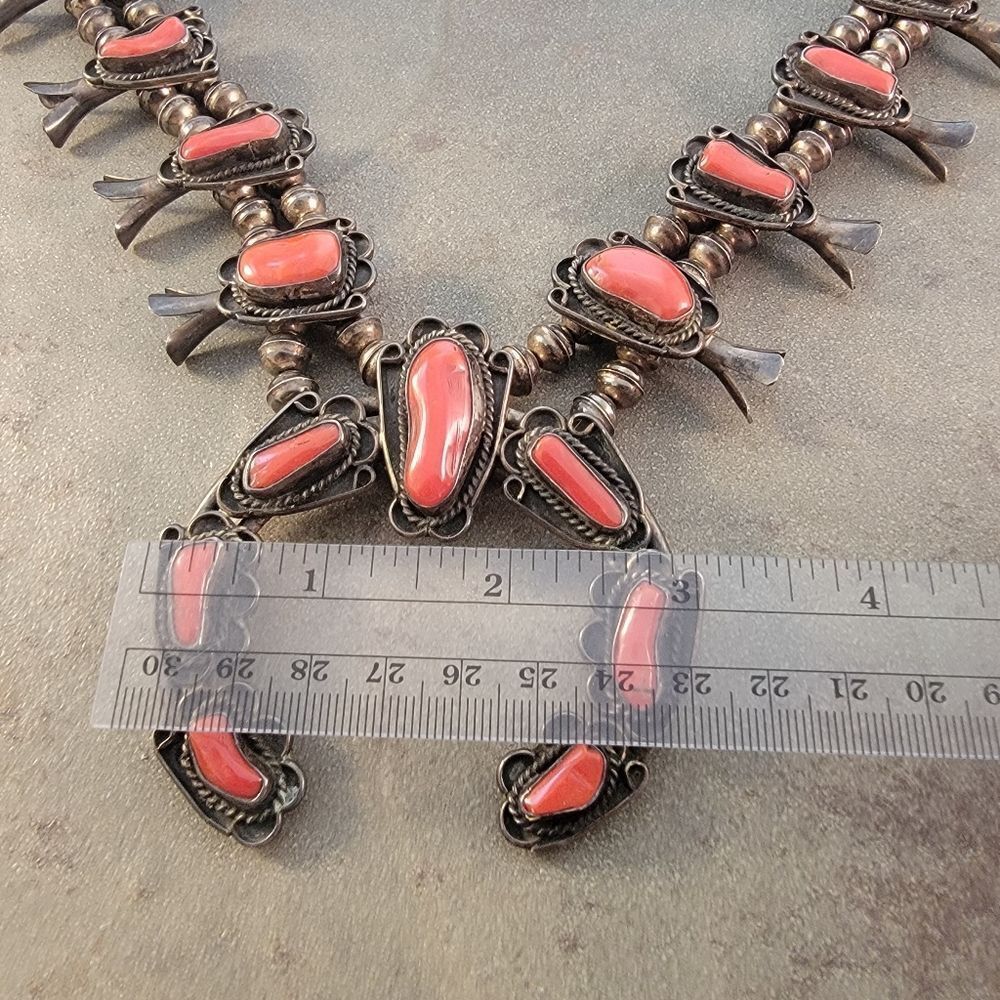 Vintage Navajo 1960's Red Coral Squash Blossom Necklace - Picture 8 of 11